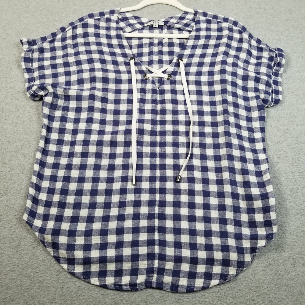 Rails Jeri Top Women Medium M Blue White Gingham Check Sheer Short Sleeve Preppy